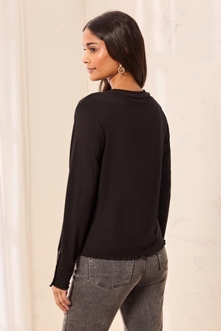 Soft Viscose Long Sleeve Button Cuff Knit Top-Black