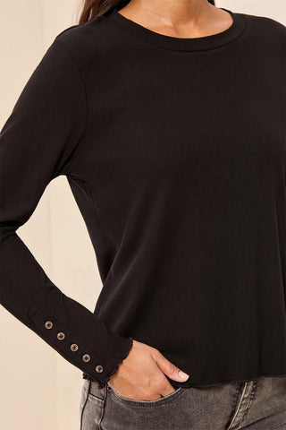 Soft Viscose Long Sleeve Button Cuff Knit Top-Black