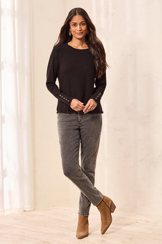 Soft Viscose Long Sleeve Button Cuff Knit Top-Black
