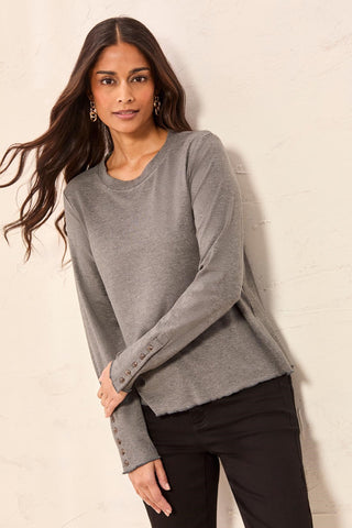 Soft Viscose Long Sleeve Button Cuff Knit Top-Charcoal