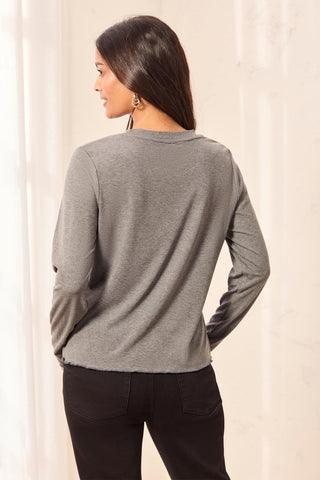 Soft Viscose Long Sleeve Button Cuff Knit Top-Charcoal