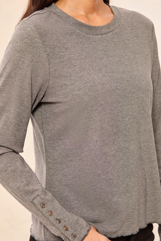 Soft Viscose Long Sleeve Button Cuff Knit Top-Charcoal