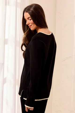 Soft Viscose Long Sleeve Contrast Trim V-Neck Sweater-Black