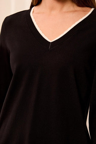 Soft Viscose Long Sleeve Contrast Trim V-Neck Sweater-Black
