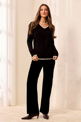 Soft Viscose Long Sleeve Contrast Trim V-Neck Sweater-Black
