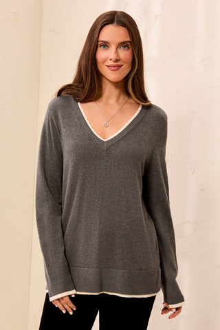 Soft Viscose Long Sleeve Contrast Trim V-Neck Sweater-Charcoal