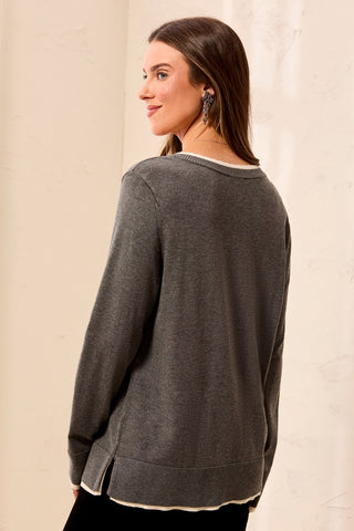 Soft Viscose Long Sleeve Contrast Trim V-Neck Sweater-Charcoal
