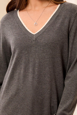 Soft Viscose Long Sleeve Contrast Trim V-Neck Sweater-Charcoal