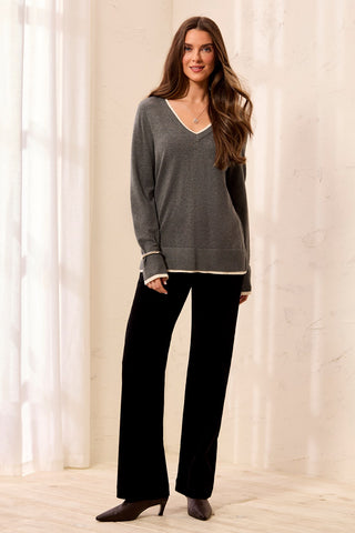 Soft Viscose Long Sleeve Contrast Trim V-Neck Sweater-Charcoal
