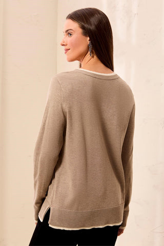 Soft Viscose Long Sleeve Contrast Trim V-Neck Sweater-Fossil