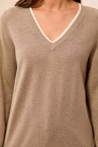 Soft Viscose Long Sleeve Contrast Trim V-Neck Sweater-Fossil