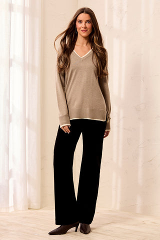 Soft Viscose Long Sleeve Contrast Trim V-Neck Sweater-Fossil
