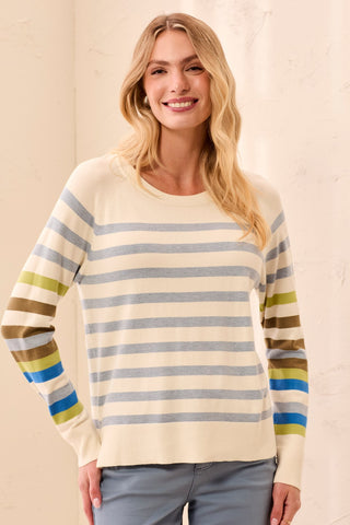 Soft Viscose Long Sleeve Crew Neck Stripe Sweater-Moonstone