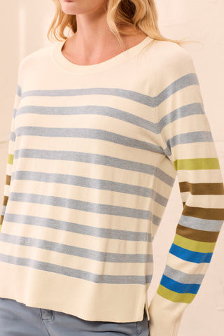 Soft Viscose Long Sleeve Crew Neck Stripe Sweater-Moonstone