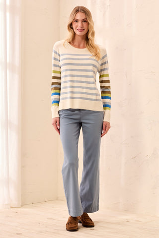 Soft Viscose Long Sleeve Crew Neck Stripe Sweater-Moonstone