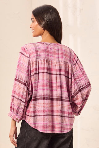 Soft Waffle Knit Plaid Blouse WIth Puff Sleeve-Nostalgia