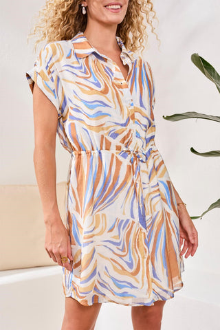 Printed V-Neck Short-Sleeve Dress With Elastic Waist-Marina