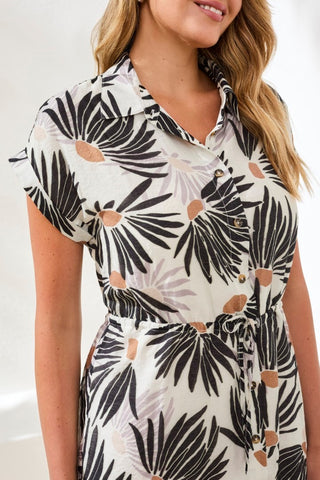 Soft Woven Tie‑Waist Button‑Up Shirt Dress-White/black