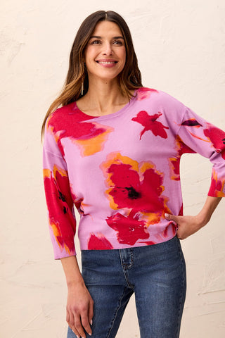 Soft Yarn Three-Quarter Sleeve Crewneck Sweater-Pansy