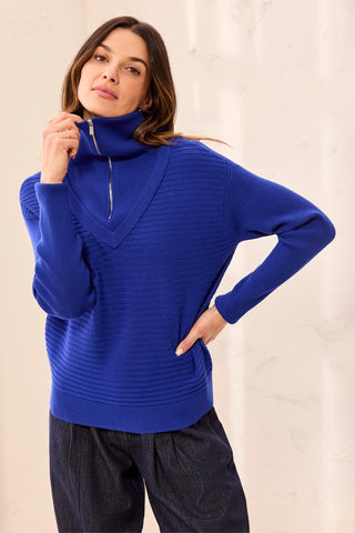 Soft Zip-Up V-Neck Sweater-Electric blue