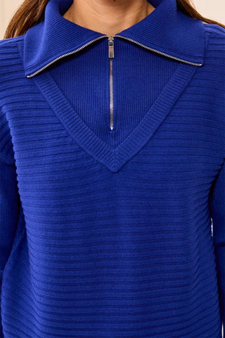 Soft Zip-Up V-Neck Sweater-Electric blue
