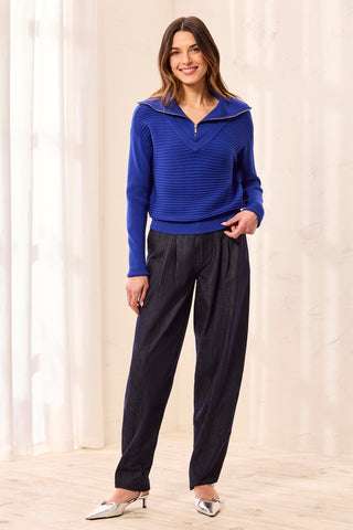 Soft Zip-Up V-Neck Sweater-Electric blue