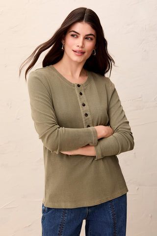 Special Wash Long Sleeve Buttoned Henley Top-Olivestone