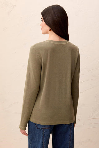 Special Wash Long Sleeve Buttoned Henley Top-Olivestone