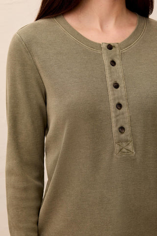 Special Wash Long Sleeve Buttoned Henley Top-Olivestone