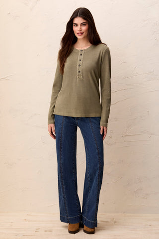 Special Wash Long Sleeve Buttoned Henley Top-Olivestone