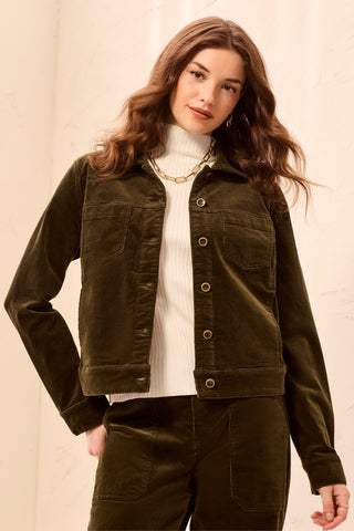 Stretch Corduroy Long Sleeve Button Front Collared Jacket-Basil