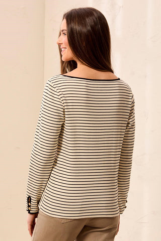 Striped Boat Neck Long Sleeve Knit Top With Button Cuffs-Black