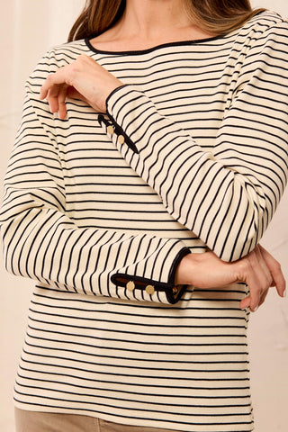Striped Boat Neck Long Sleeve Knit Top With Button Cuffs-Black