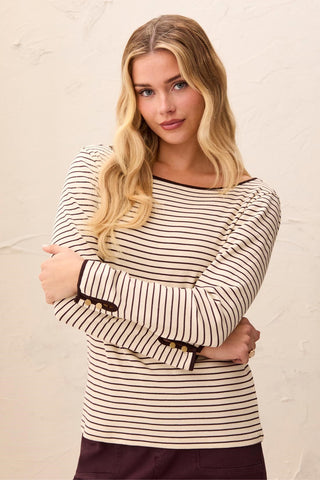 Striped Boat Neck Long Sleeve Knit Top With Button Cuffs-Fudge