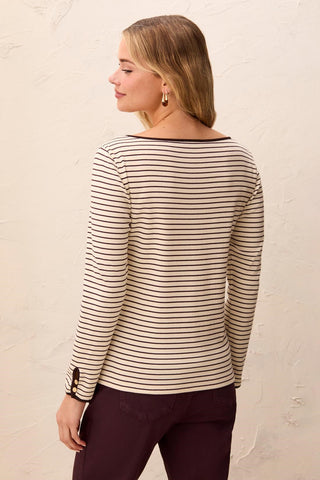 Striped Boat Neck Long Sleeve Knit Top With Button Cuffs-Fudge