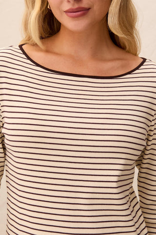 Striped Boat Neck Long Sleeve Knit Top With Button Cuffs-Fudge