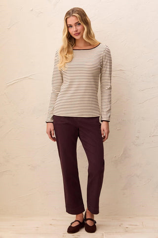 Striped Boat Neck Long Sleeve Knit Top With Button Cuffs-Fudge