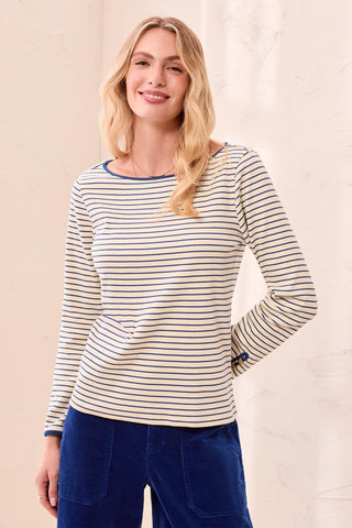 Striped Boat Neck Long Sleeve Knit Top With Button Cuffs-Stellar