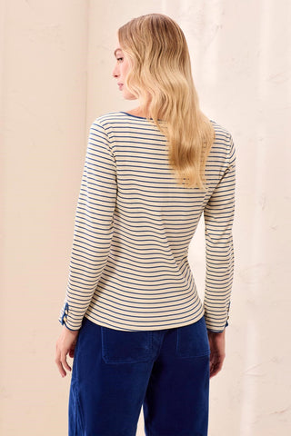 Striped Boat Neck Long Sleeve Knit Top With Button Cuffs-Stellar