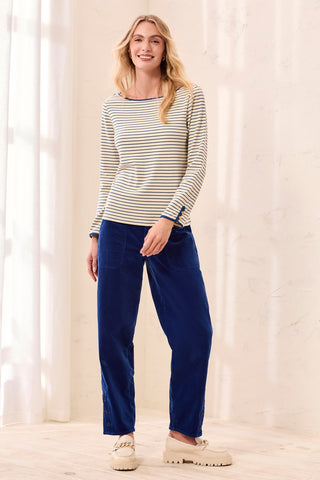 Striped Boat Neck Long Sleeve Knit Top With Button Cuffs-Stellar