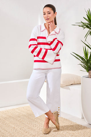 Striped Cotton Polo Sweater With Blanket Stitch Detail-Sangria