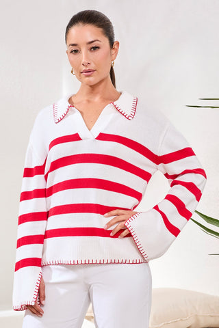 Striped Cotton Polo Sweater With Blanket Stitch Detail-Sangria