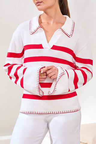 Striped Cotton Polo Sweater With Blanket Stitch Detail-Sangria