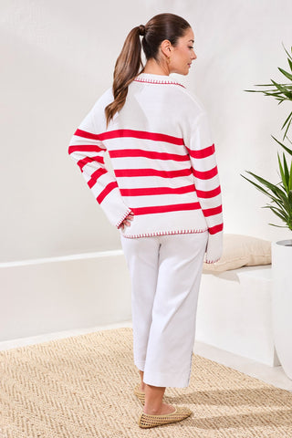 Striped Cotton Polo Sweater With Blanket Stitch Detail-Sangria