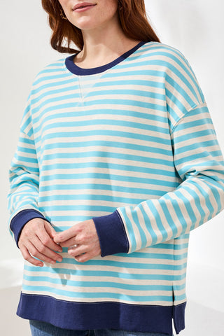 Cotton Crewneck Drop‑Shoulder Long Sleeve Top with Combo Trim-Aqua sky