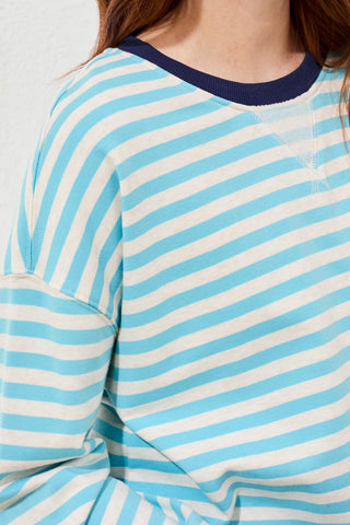 Cotton Crewneck Drop‑Shoulder Long Sleeve Top with Combo Trim-Aqua sky
