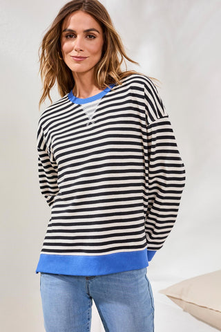 Cotton Crewneck Drop‑Shoulder Long Sleeve Top with Combo Trim-Black