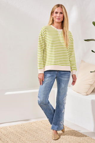 Cotton Crewneck Drop‑Shoulder Long Sleeve Top with Combo Trim-Mintleaf