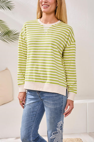 Cotton Crewneck Drop‑Shoulder Long Sleeve Top with Combo Trim-Mintleaf