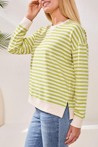 Cotton Crewneck Drop‑Shoulder Long Sleeve Top with Combo Trim-Mintleaf